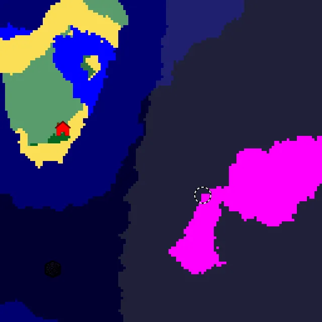 Overworld biome map of seed 5973244469613885062 around spawn, with the mushroom fields marked