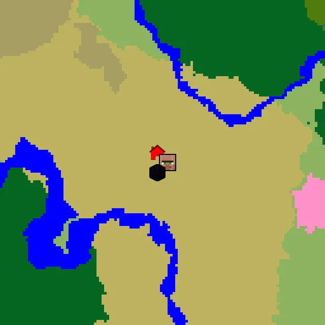 Overworld biome map of seed 878654892994598 around spawn, with the village and ruined portal marked