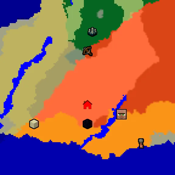 Overworld biome map of seed -8574436333040367599 around spawn, with the village and ruined portal and desert pyramid and outpost and trial chamber and ancient city marked