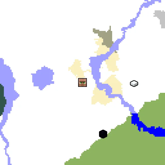 Overworld biome map of seed 1138588672103223 around spawn, with the village marked