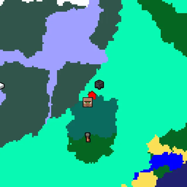 Overworld biome map of seed 123575951371545311 around spawn, with the village and swamp hut marked
