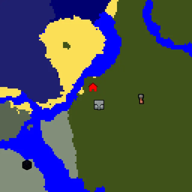 Overworld biome map of seed 1907739375453033 around spawn, with the mansion marked