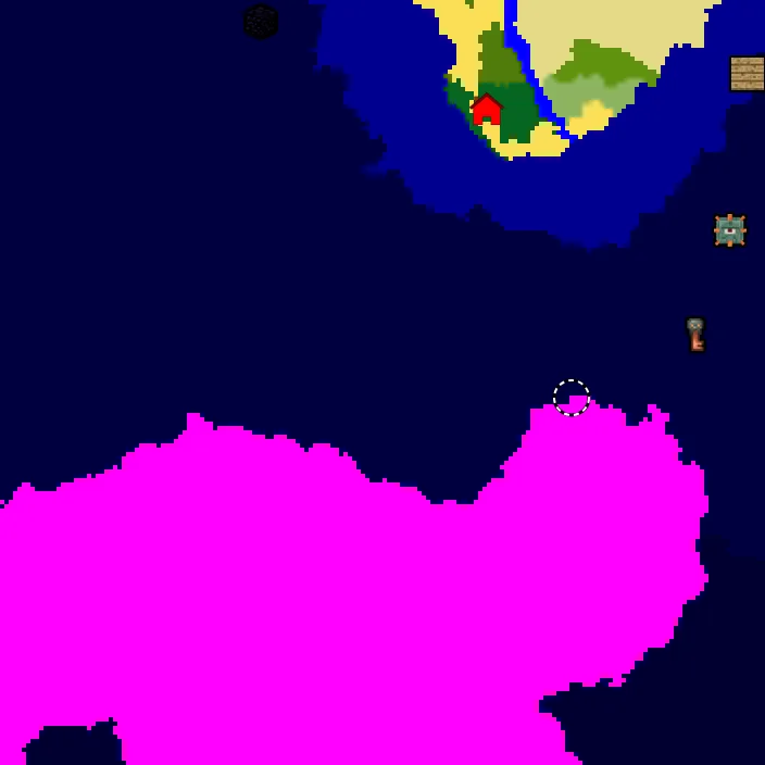 Overworld biome map of seed 8848941816345899447 around spawn, with the mushroom fields marked