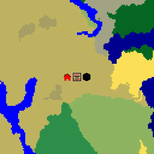 Overworld biome map of seed 889262350464862 around spawn, with the village and ruined portal marked