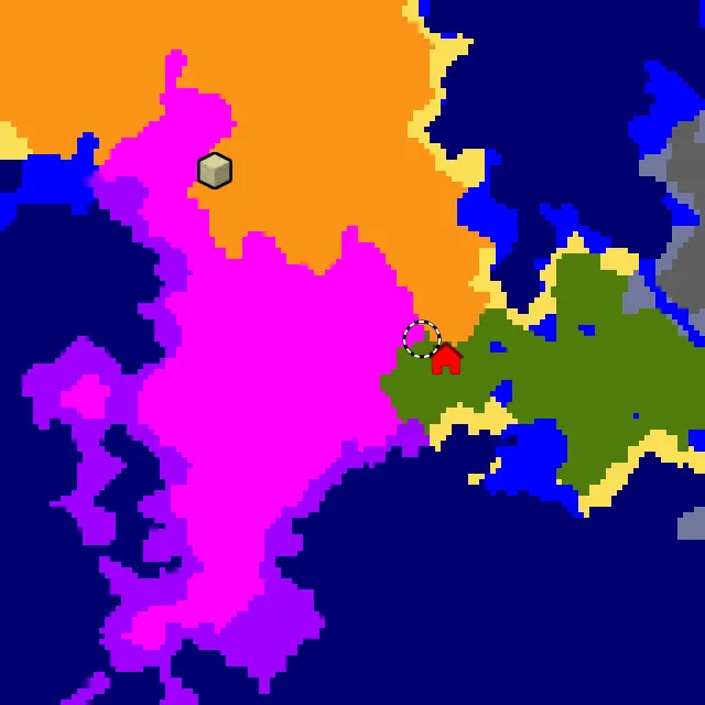 Overworld biome map of seed -713028269014499523 around spawn, with the mushroom fields marked