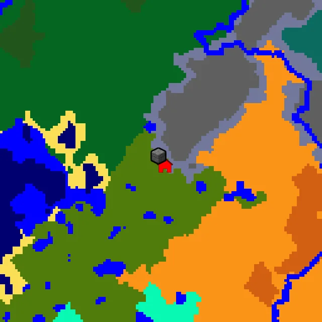Overworld biome map of seed 2603782338271313 around spawn, with the jungle pyramid marked