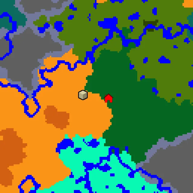 Overworld biome map of seed 4351245038627530 around spawn, with the desert pyramid marked