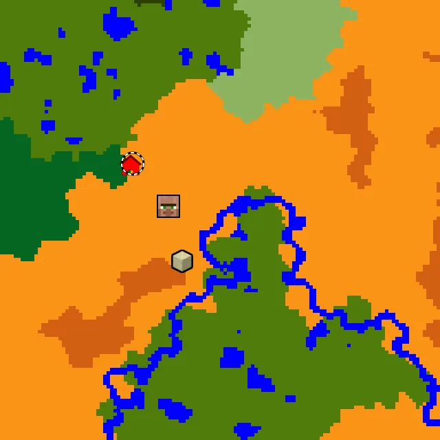 Overworld biome map of seed 6637261320780400921 around spawn, with the desert marked