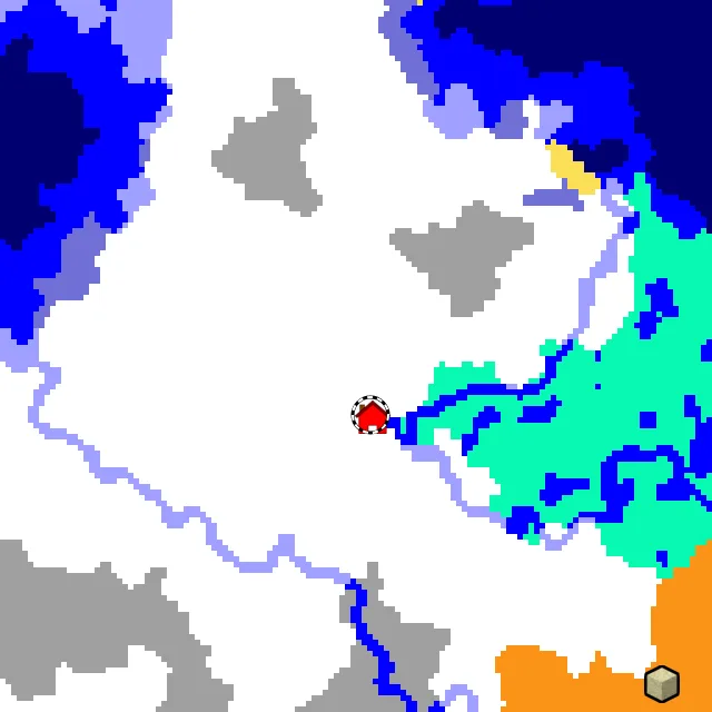 Overworld biome map of seed 8318376884395914183 around spawn, with the snowy plains marked