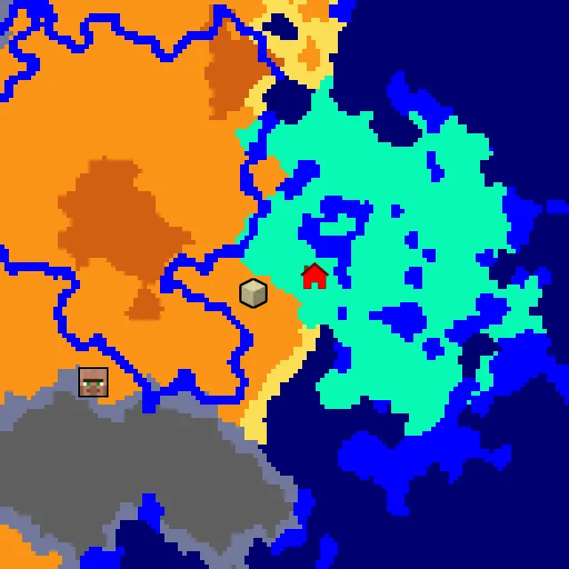 Overworld biome map of seed 12180874084381287 around spawn, with the desert pyramid marked