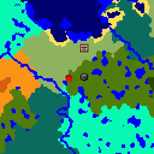 Overworld biome map of seed 2264435769430046 around spawn, with the jungle pyramid marked