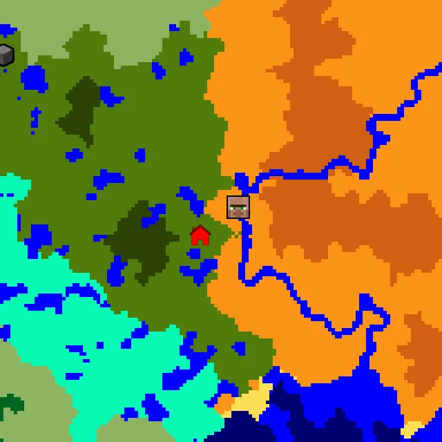 Overworld biome map of seed 3013943832357087 around spawn, with the village marked