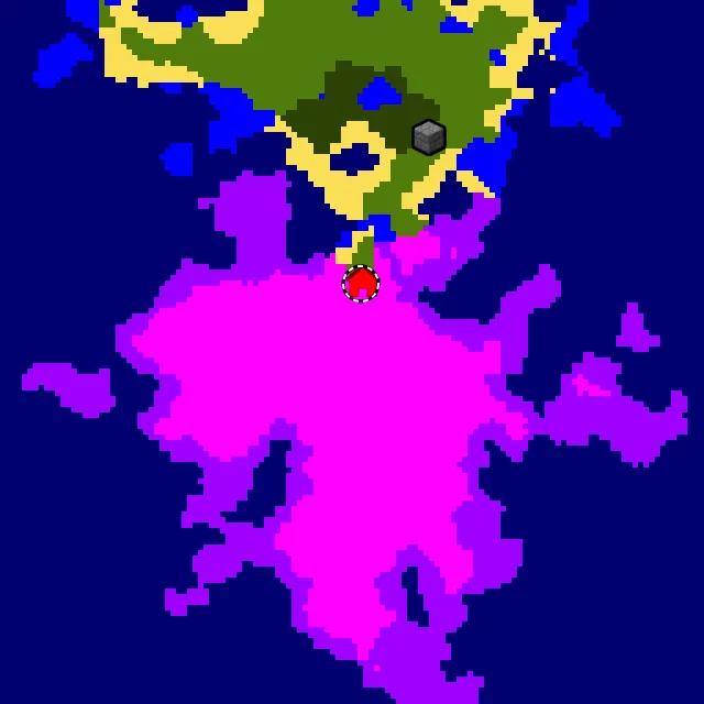 Overworld biome map of seed 627719898728723908 around spawn, with the mushroom fields marked