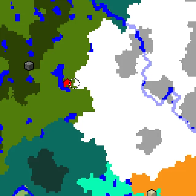 Overworld biome map of seed 7407769589747215604 around spawn, with the snowy plains marked