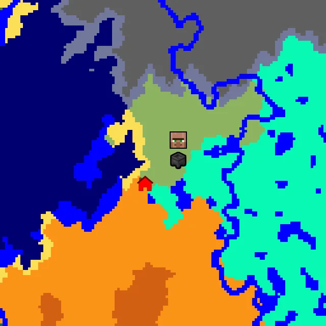 Overworld biome map of seed 99980373894797026 around spawn, with the village and swamp hut marked