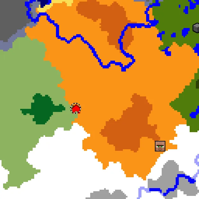 Overworld biome map of seed -134913556864302445 around spawn, with the desert marked