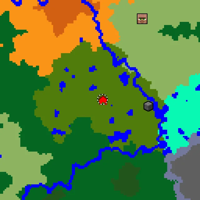 Overworld biome map of seed -3316698323236489743 around spawn, with the jungle marked