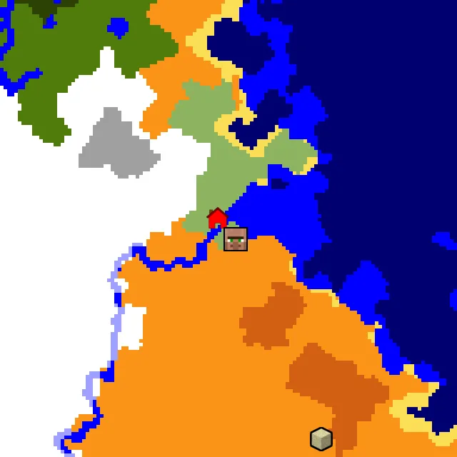 Overworld biome map of seed 130774155299238237 around spawn, with the village marked