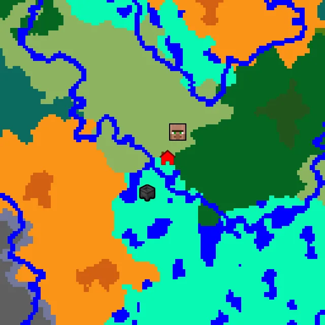 Overworld biome map of seed 15358148778342 around spawn, with the village and swamp hut marked