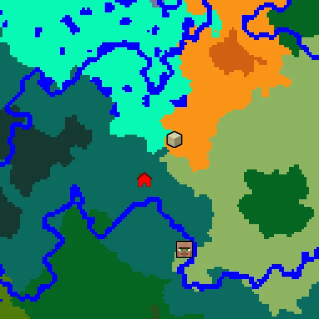 Overworld biome map of seed 215908630790900 around spawn, with the desert pyramid marked