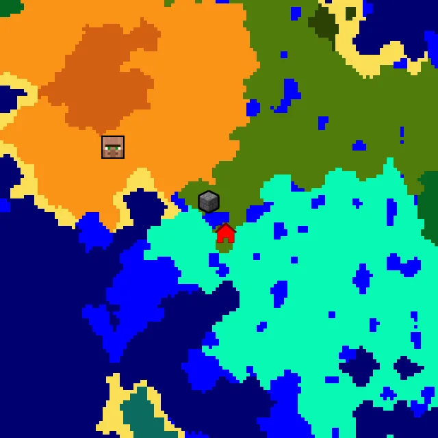 Overworld biome map of seed 2195210485549887 around spawn, with the jungle pyramid marked