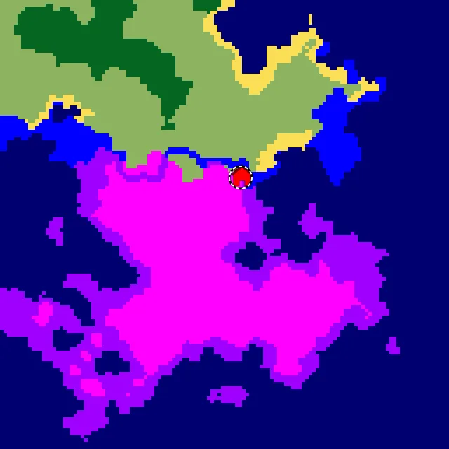 Overworld biome map of seed 5311105733337060075 around spawn, with the mushroom fields marked