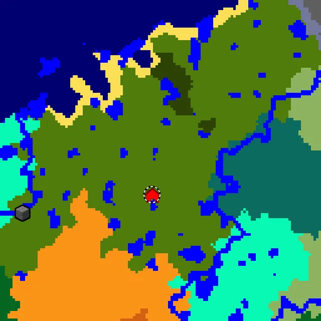 Overworld biome map of seed -8121874065527413739 around spawn, with the jungle marked