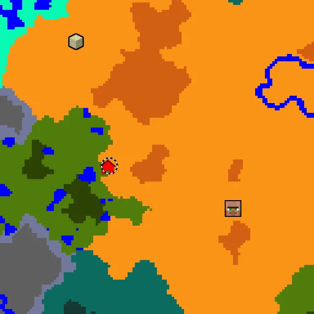Overworld biome map of seed -972898289621359084 around spawn, with the desert marked