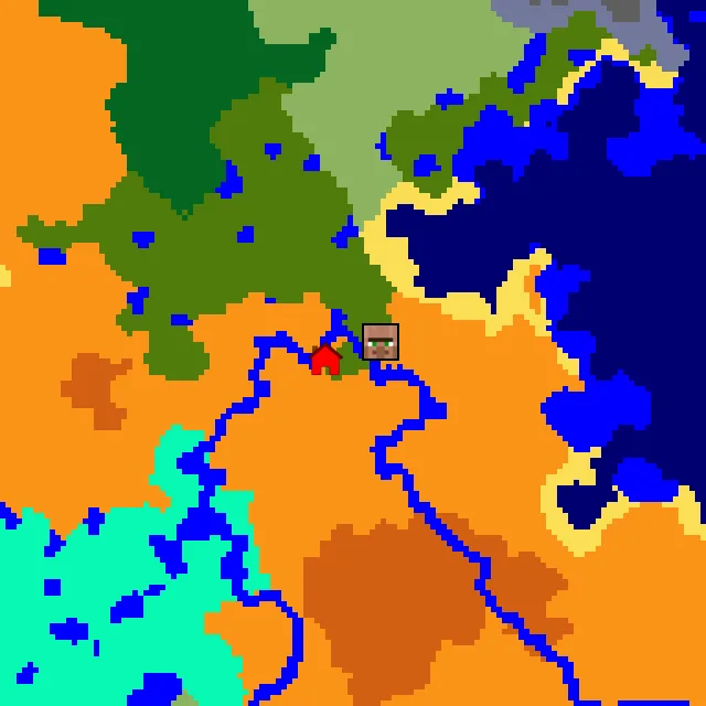 Overworld biome map of seed 172191400835846 around spawn, with the village marked
