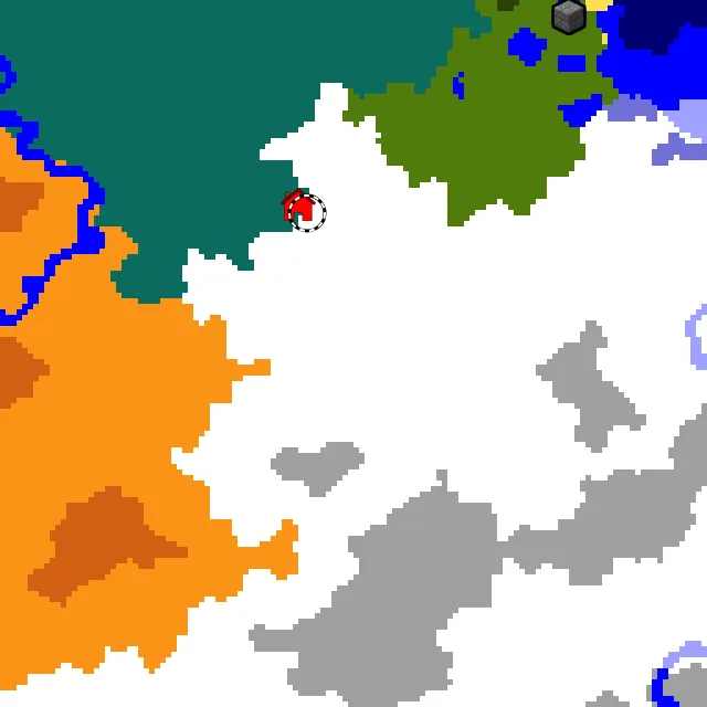 Overworld biome map of seed 3215025671231453959 around spawn, with the snowy plains marked