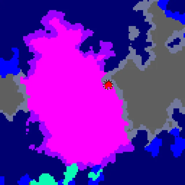 Overworld biome map of seed 3457201152758268628 around spawn, with the mushroom fields marked
