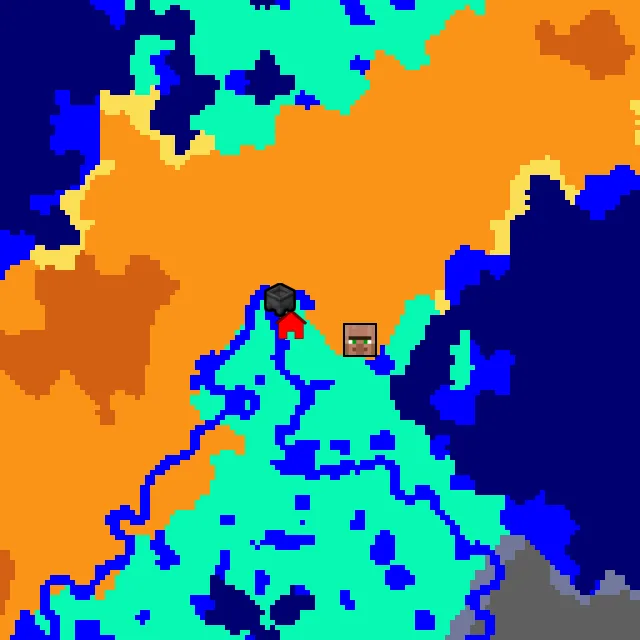 Overworld biome map of seed 360462810211334888 around spawn, with the village and swamp hut marked