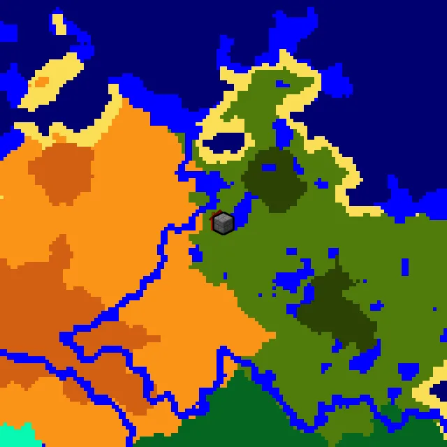 Overworld biome map of seed 3828332546379776 around spawn, with the jungle pyramid marked