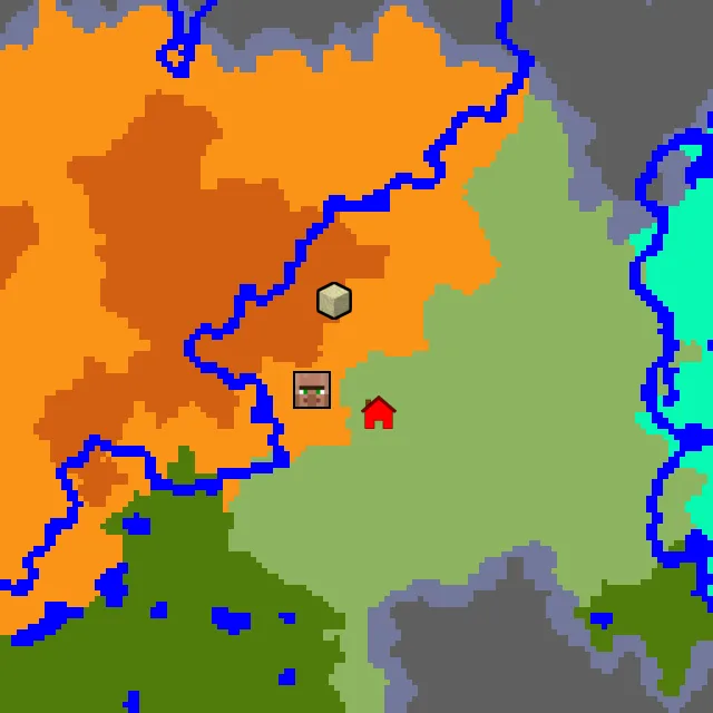Overworld biome map of seed 4886739379174881 around spawn, with the desert pyramid marked