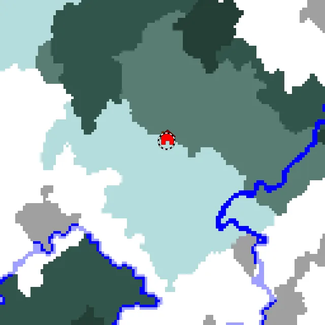 Overworld biome map of seed -2748954771087876948 around spawn, with the ice spikes marked