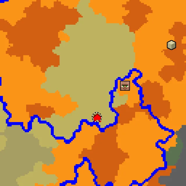 Overworld biome map of seed -4480940105732769500 around spawn, with the savanna marked