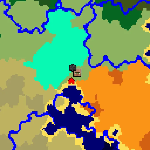 Overworld biome map of seed 1223246072354038409 around spawn, with the village and swamp hut marked