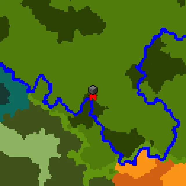 Overworld biome map of seed 18982714290063193 around spawn, with the jungle pyramid marked