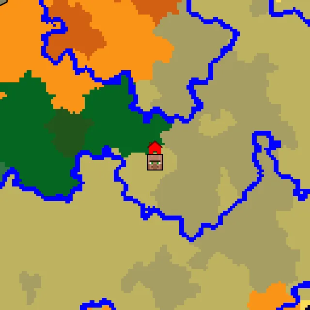 Overworld biome map of seed 2756349835055285 around spawn, with the village marked