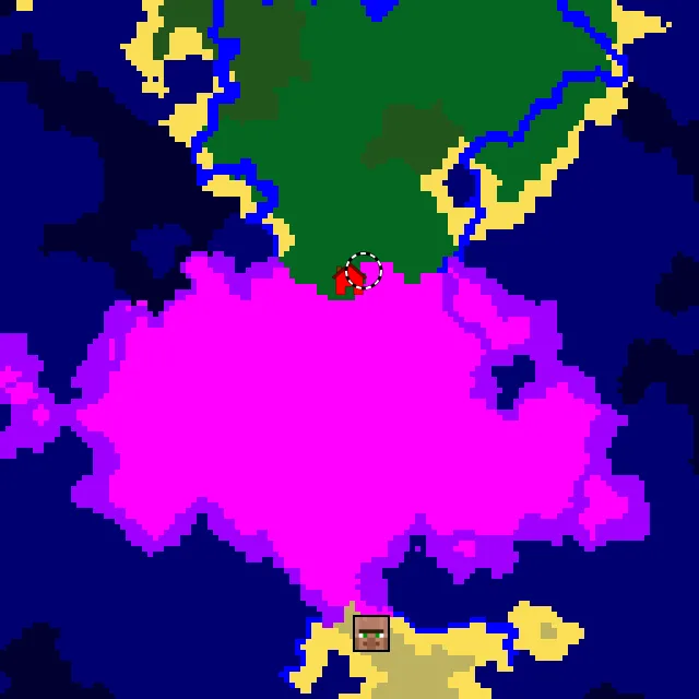 Overworld biome map of seed 4690038808545962675 around spawn, with the mushroom fields marked