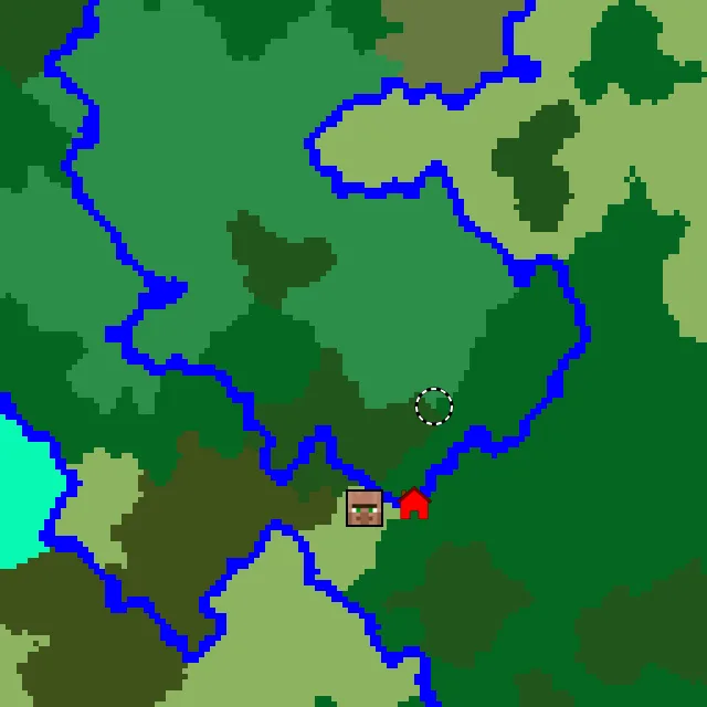Overworld biome map of seed 6564236305789782 around spawn, with the village and flower forest marked