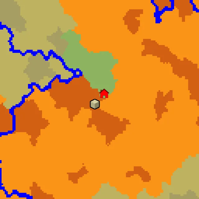 Overworld biome map of seed 21380604710353831 around spawn, with the desert pyramid marked