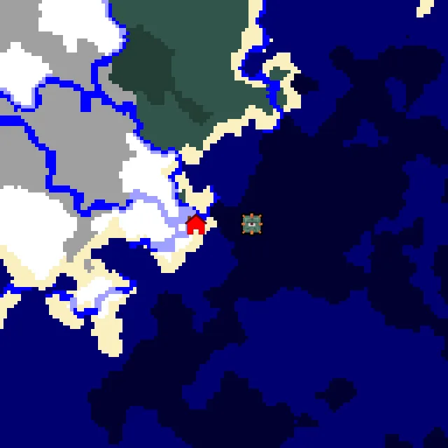 Overworld biome map of seed 3666038602979776 around spawn, with the monument marked