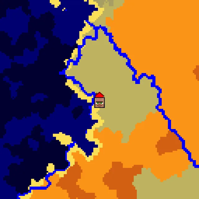 Overworld biome map of seed 4458852469146217 around spawn, with the village marked