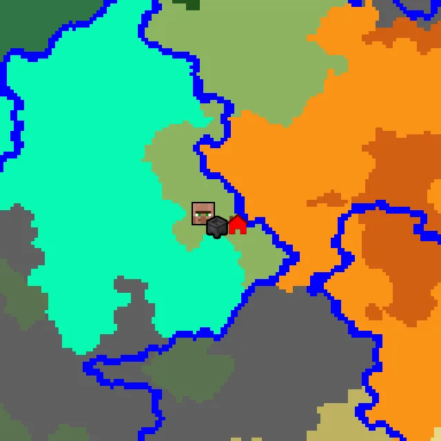 Overworld biome map of seed 4819531808737327 around spawn, with the village and swamp hut marked
