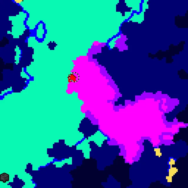 Overworld biome map of seed 9063428581787153001 around spawn, with the mushroom fields marked