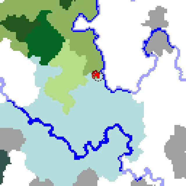 Overworld biome map of seed -1109951368631093494 around spawn, with the ice spikes marked