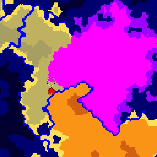 Overworld biome map of seed -4514822346826194095 around spawn, with the mushroom fields marked