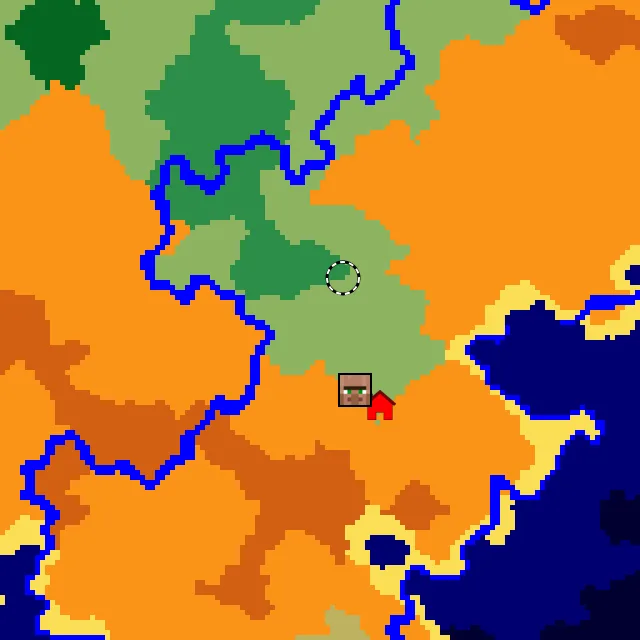 Overworld biome map of seed 17993132473762505 around spawn, with the village and flower forest marked