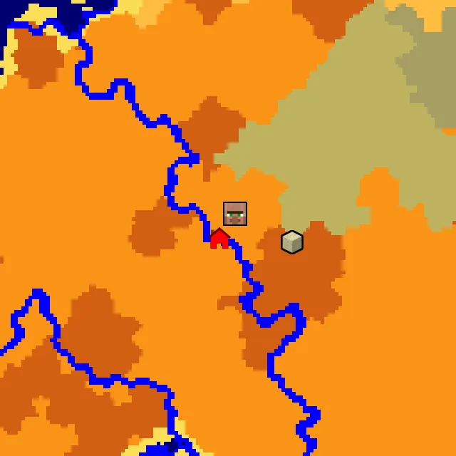 Overworld biome map of seed 334803477353763 around spawn, with the village marked